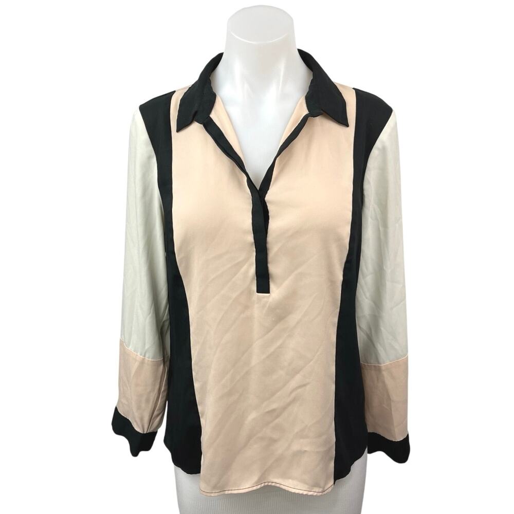 Ann Taylor Women's Beige Cream Black Long Sleeve Colorblock Blouse Top Size M